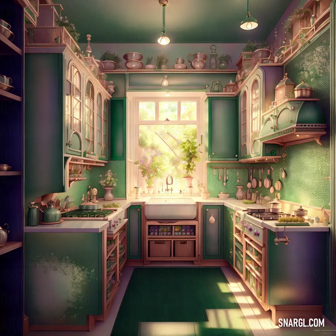 Kitchen with green walls and a green floor and a window with a potted plant on it and a sink and stove