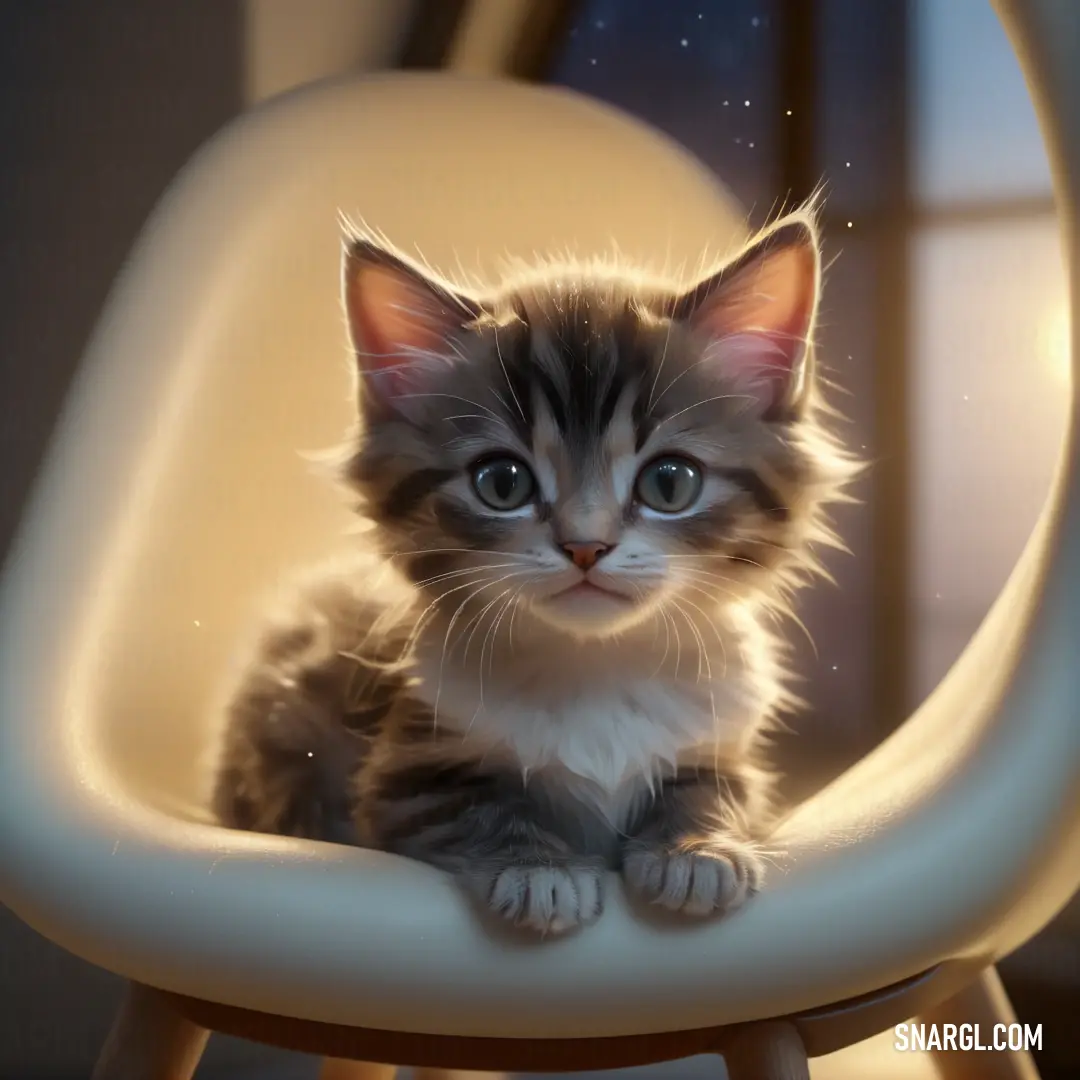 Kitten on a chair looking at the camera with a blurry background of the chair and the cat