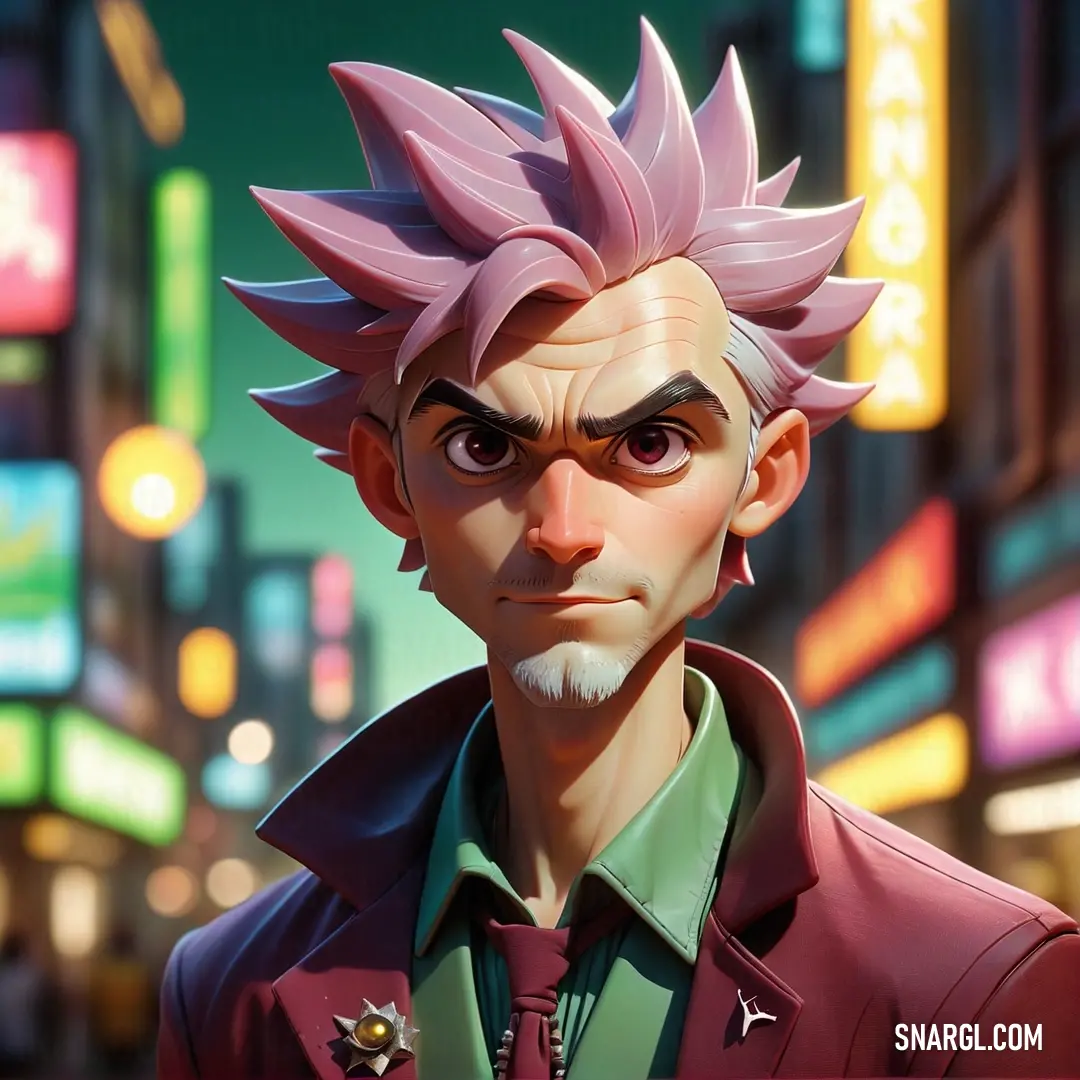 Camouflage green color example: Man with a pink hair and a beard in a city at night with neon signs