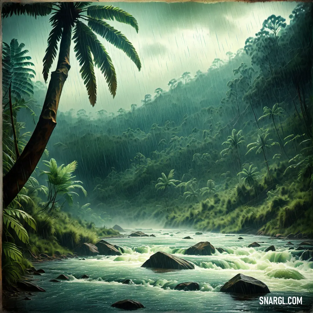 Painting of a river in a jungle with rocks and trees in the foreground and a rain falling on the trees