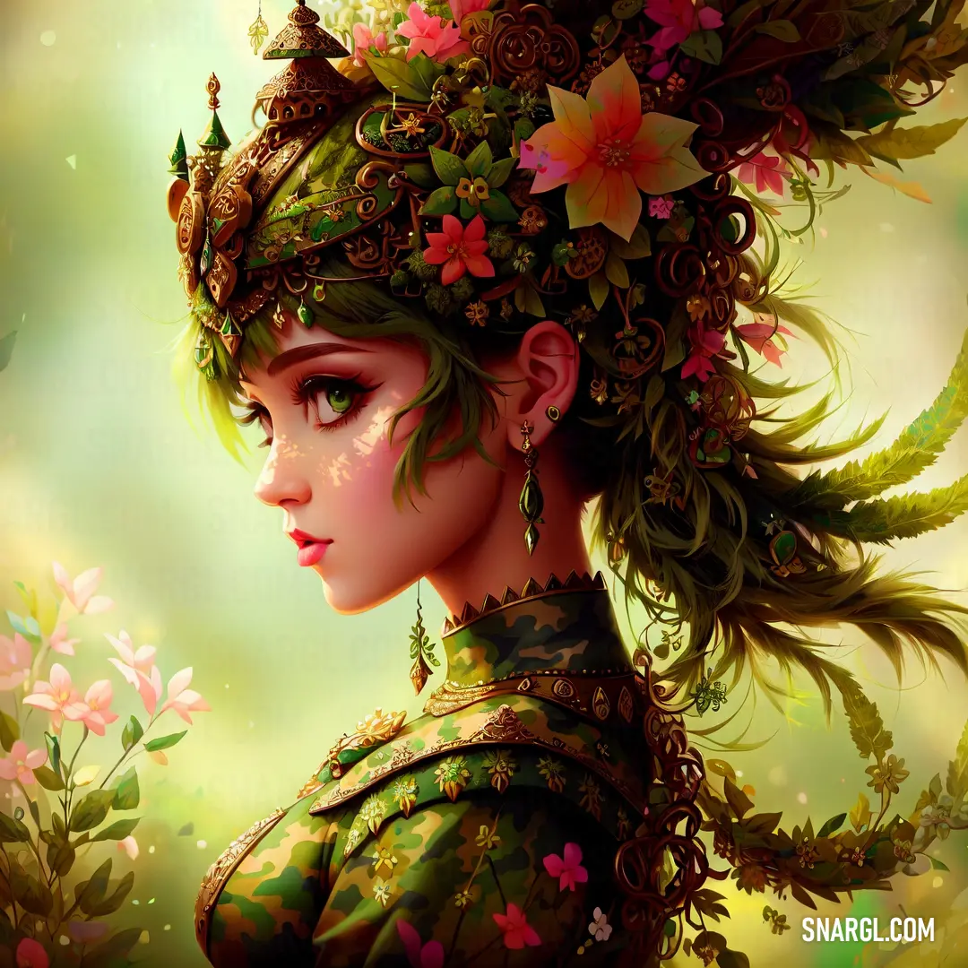 Woman with a flower in her hair  is wearing a green dress