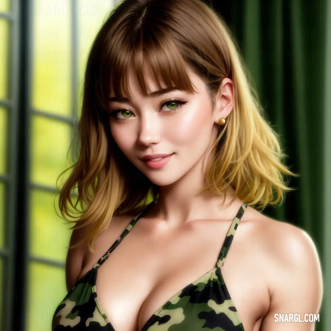 Woman with a green camouflage bra posing for a picture in front of a window with green curtains
