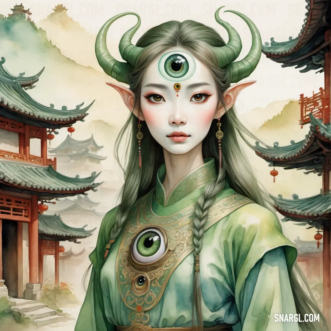 Woman with horns and a green dress in front of a pagoda with a green eyeball in her hair