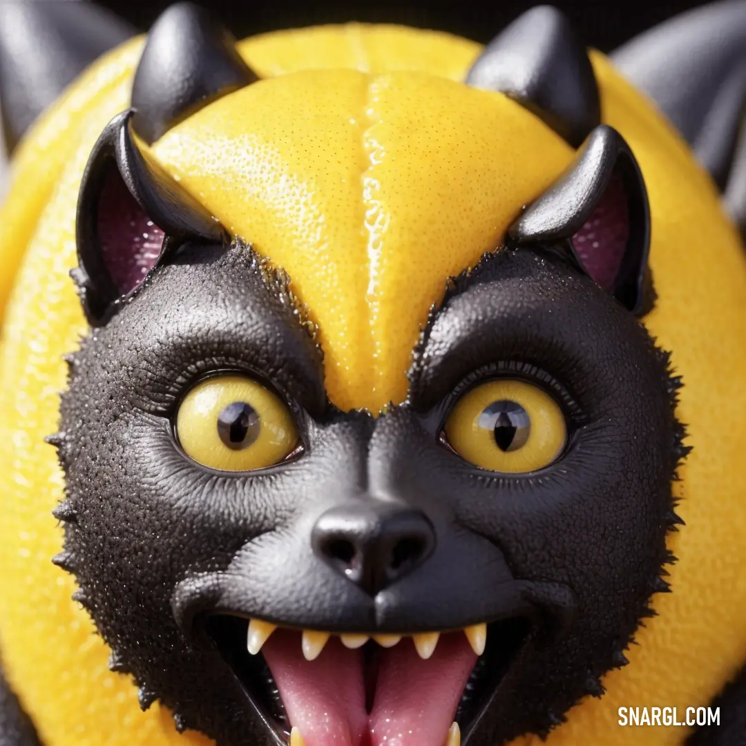 Close up of a toy with a demon face on it's head and a yellow ball in the background