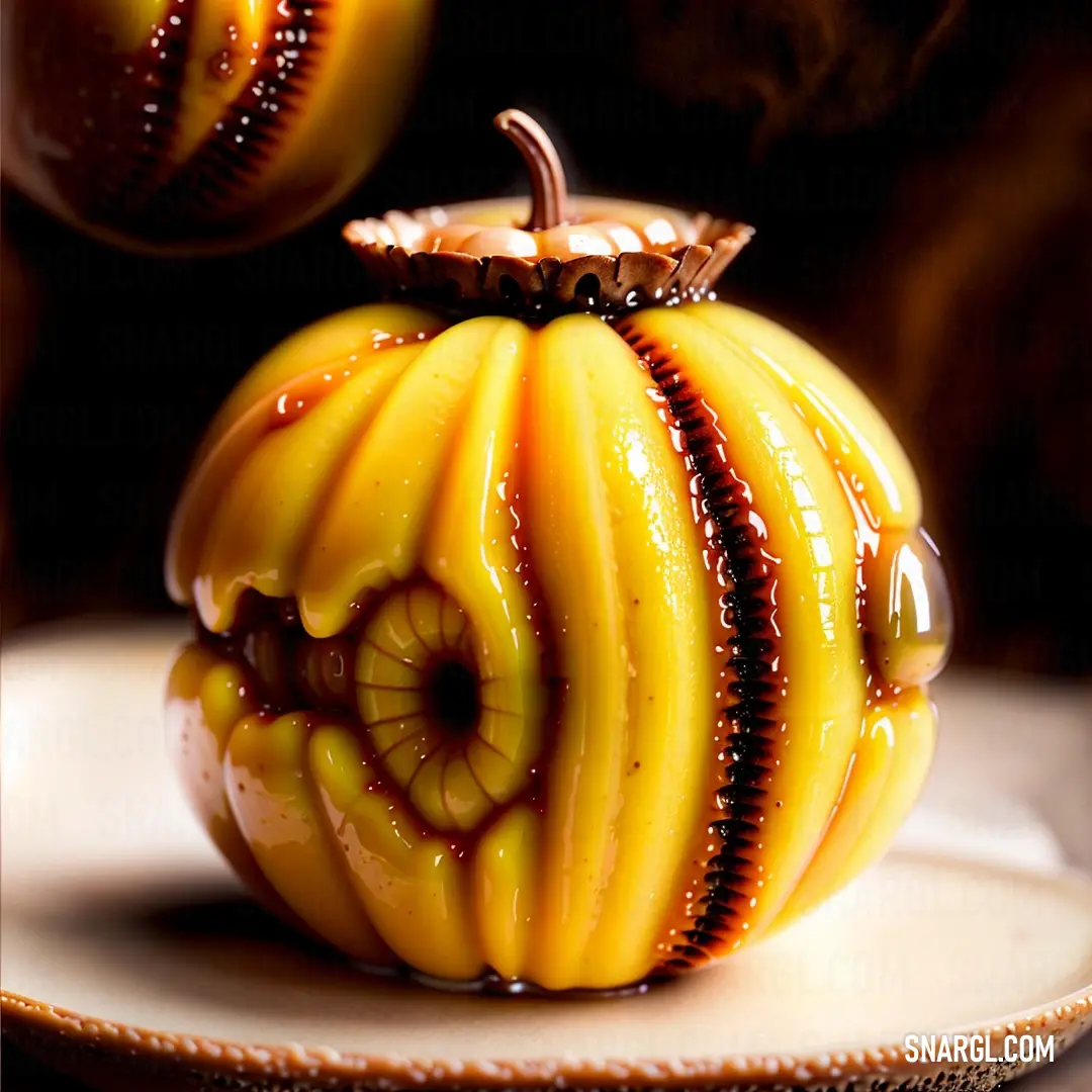 Decorative glass apple on a plate with a brown background and a brown and white design on the top