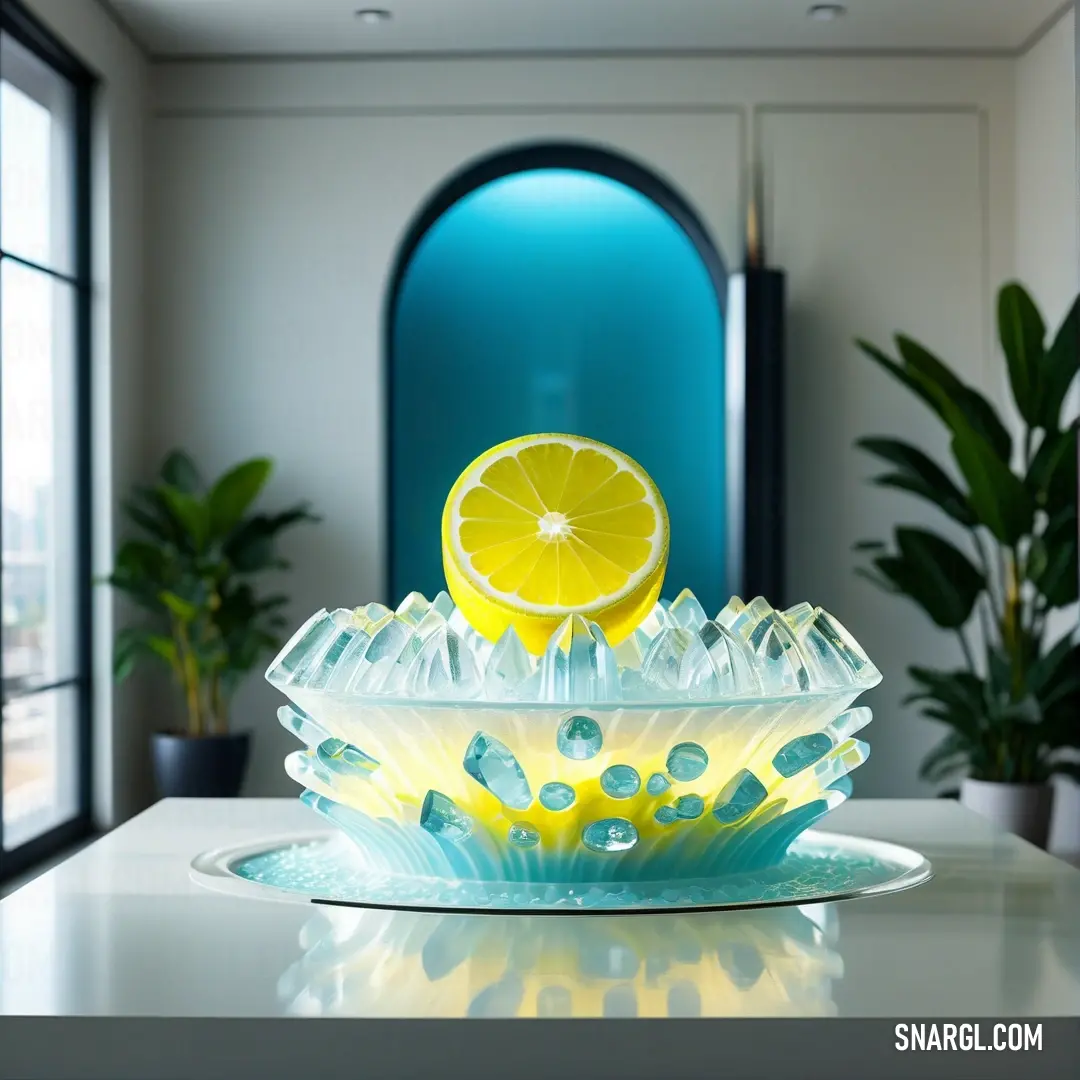 Glass bowl with a lemon on top of it on a table in front of a window with potted plants. Color Canary yellow.