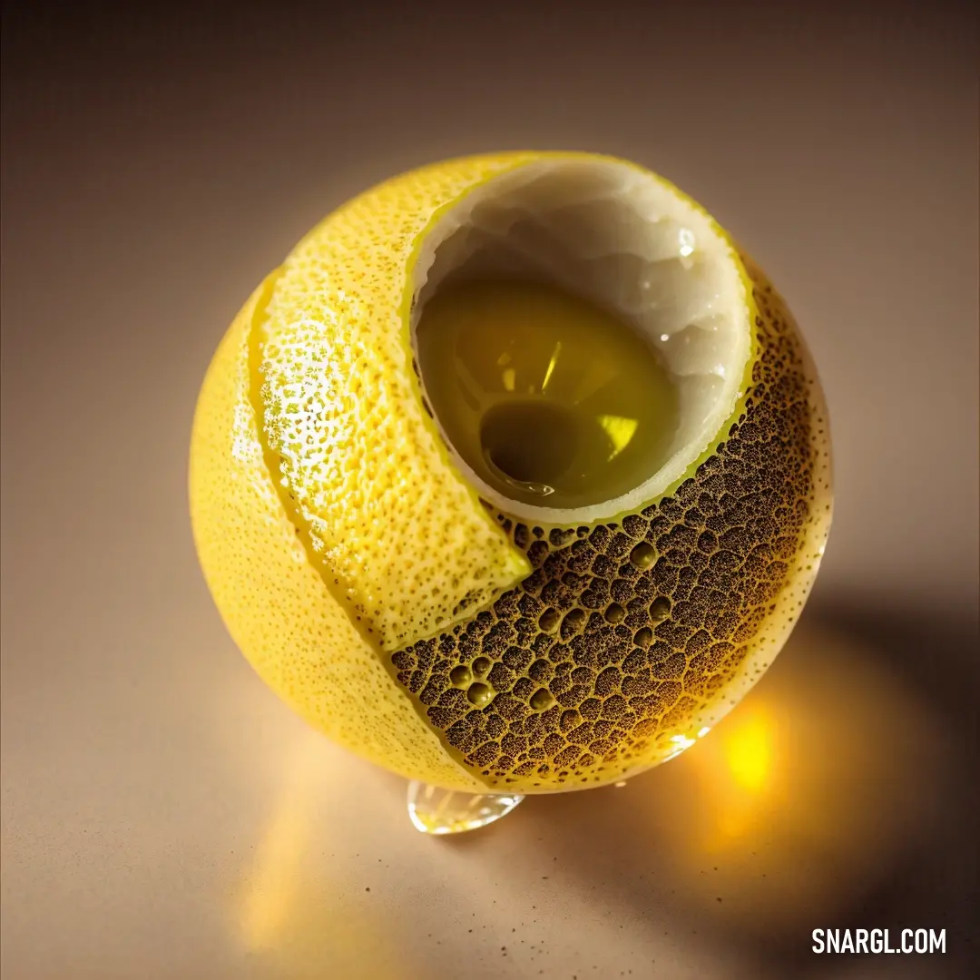 Lemon with a cut in half lemon on a table with a light shining on it and a yellow background