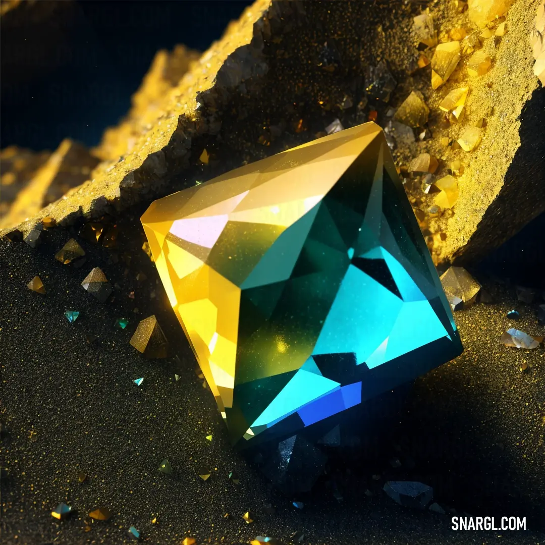 Blue and yellow diamond on top of a rock next to a yellow wall