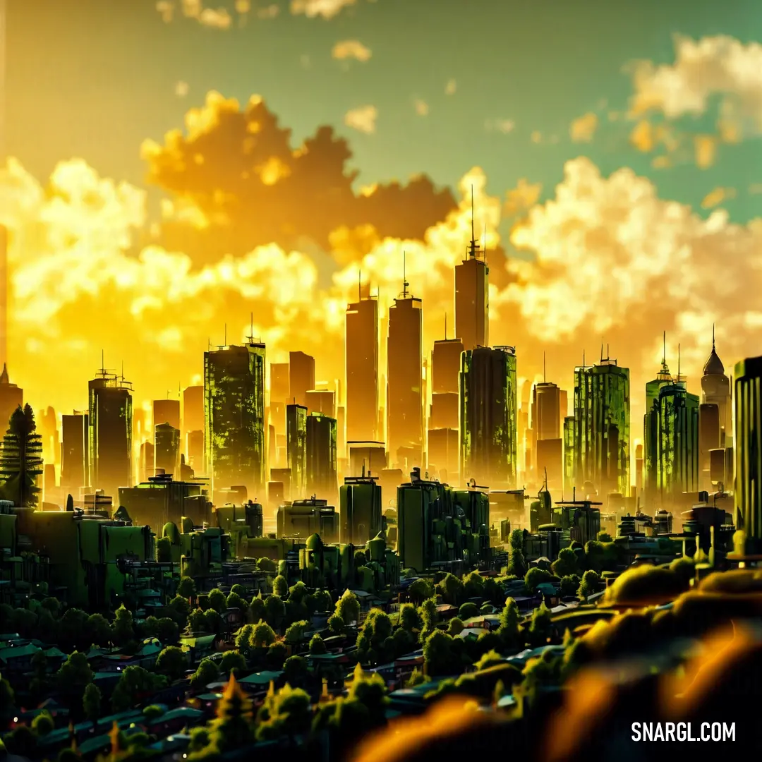 City with tall buildings and a yellow sky in the background with clouds in the sky