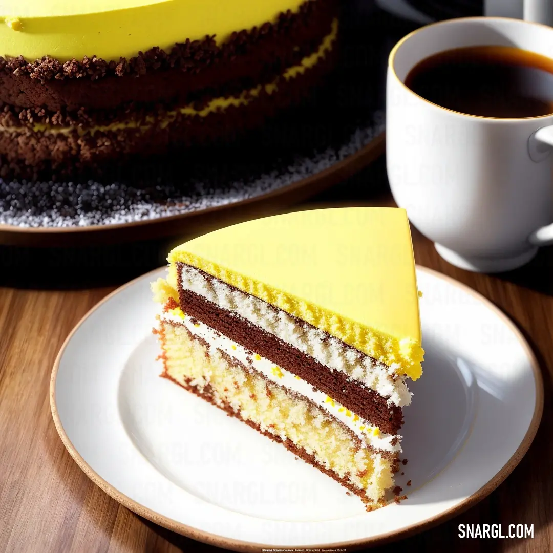 Piece of cake on a plate next to a cup of coffee and a plate