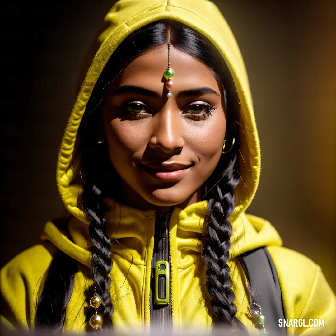 Woman with a yellow hoodie and braids on her head and a green nose ring on her forehead