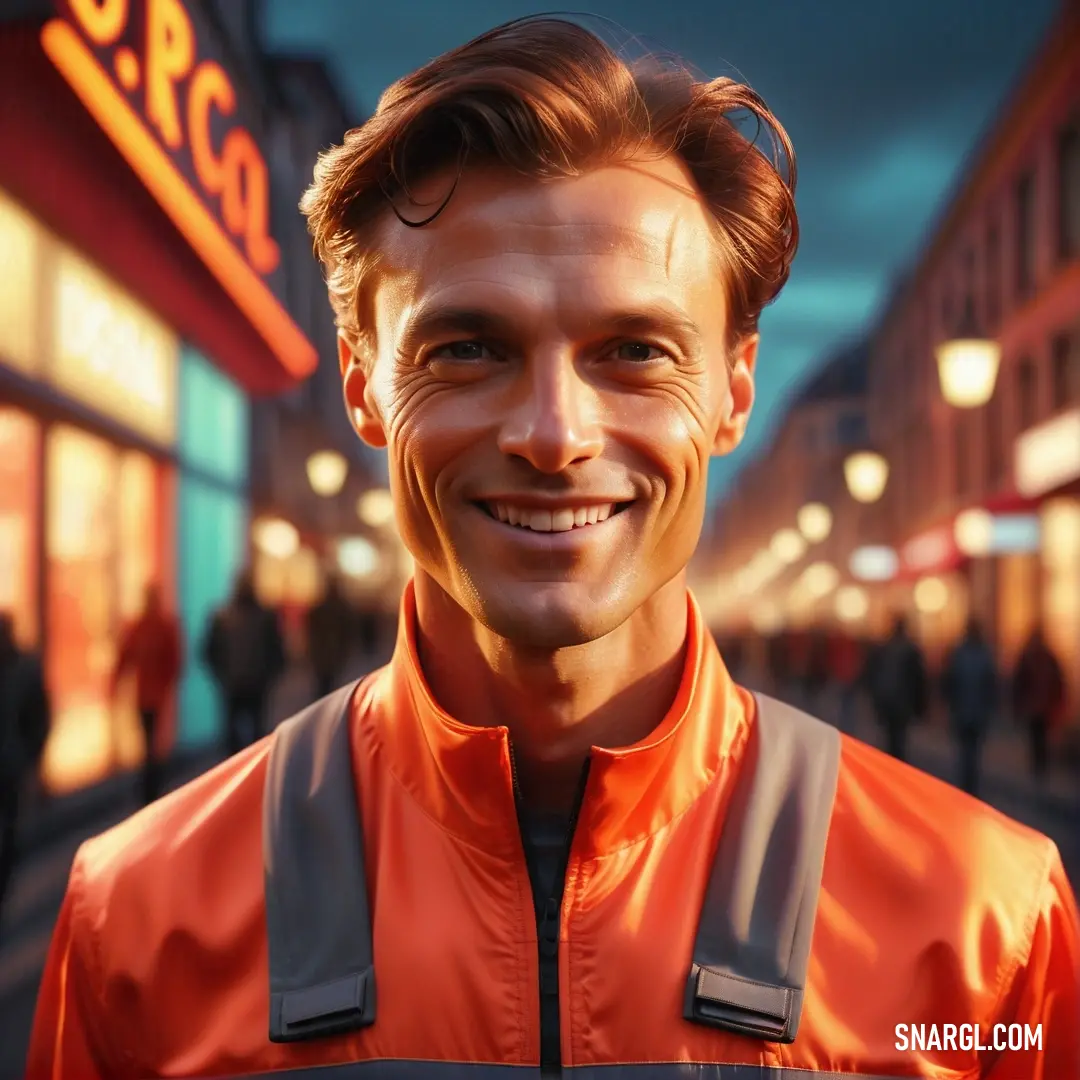 Man in an orange jacket is smiling for the camera in front of a store front with a neon sign. Color #FF0800.