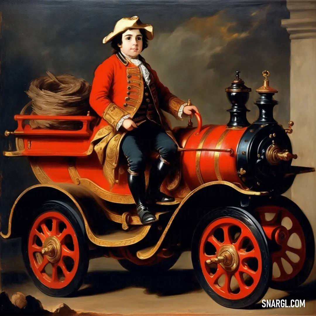 Painting of a man in a red coat and hat riding on a red fire engine with a black top. Example of Candy apple red color.