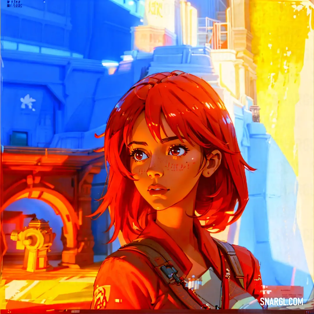 Girl with red hair and a red shirt standing in front of a building with a yellow fire hydrant