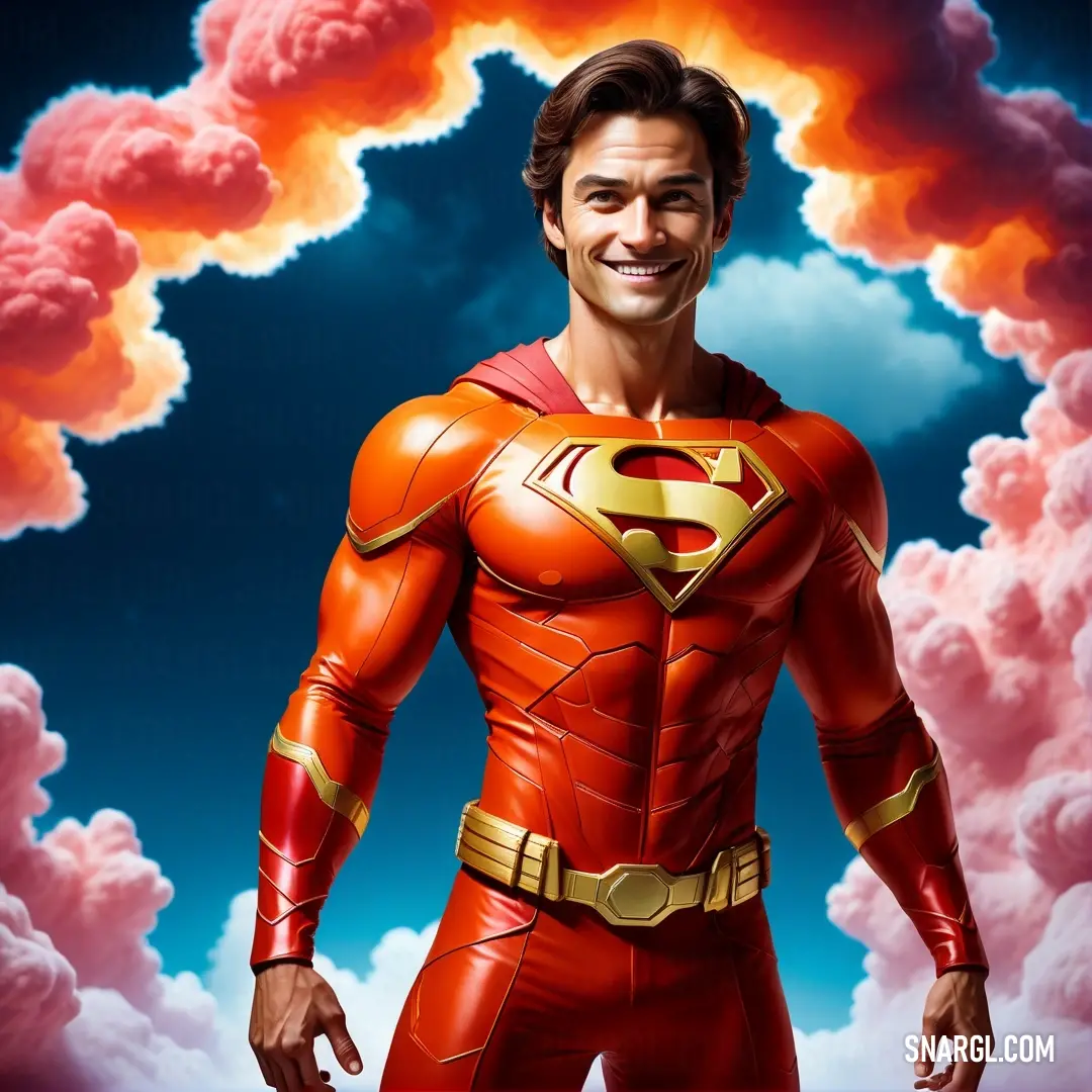 Man in a superman suit standing in front of a cloudy sky with clouds and a red sky behind him. Example of #FF0800 color.