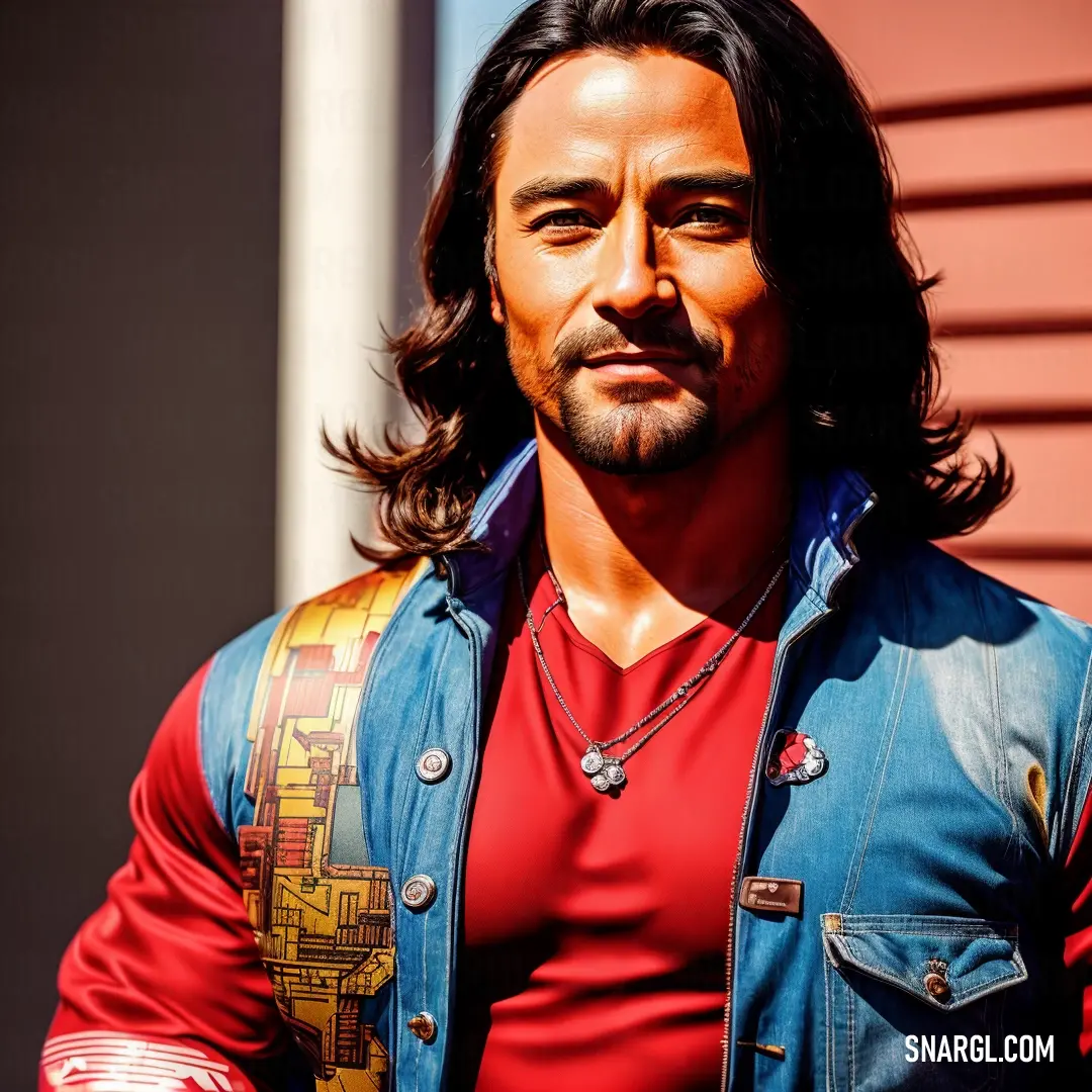 Man with long hair and a blue jacket on is looking at the camera and is wearing a red shirt