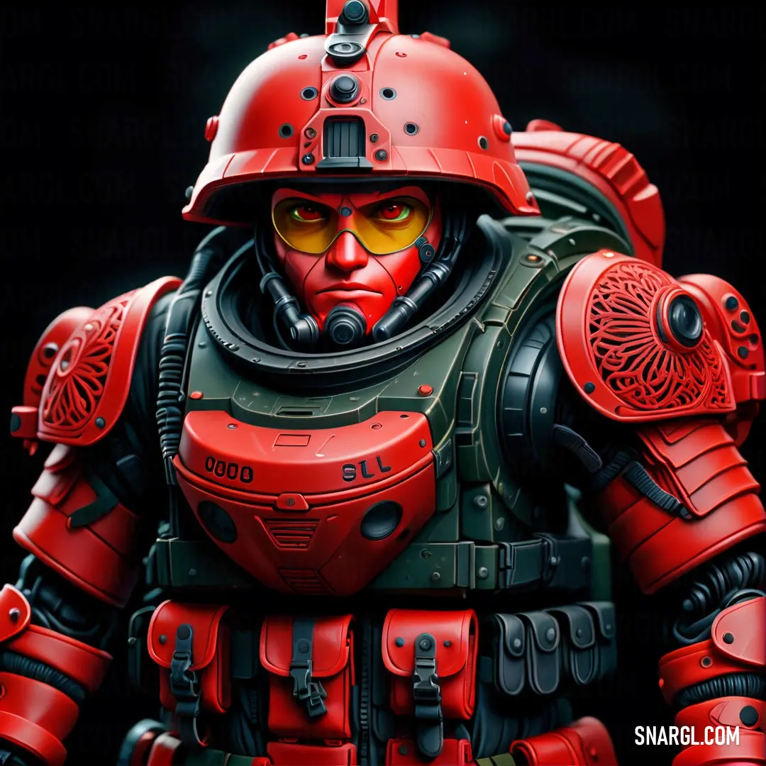 Red and black robot with a helmet and goggles on it's face. Example of Candy apple red color.