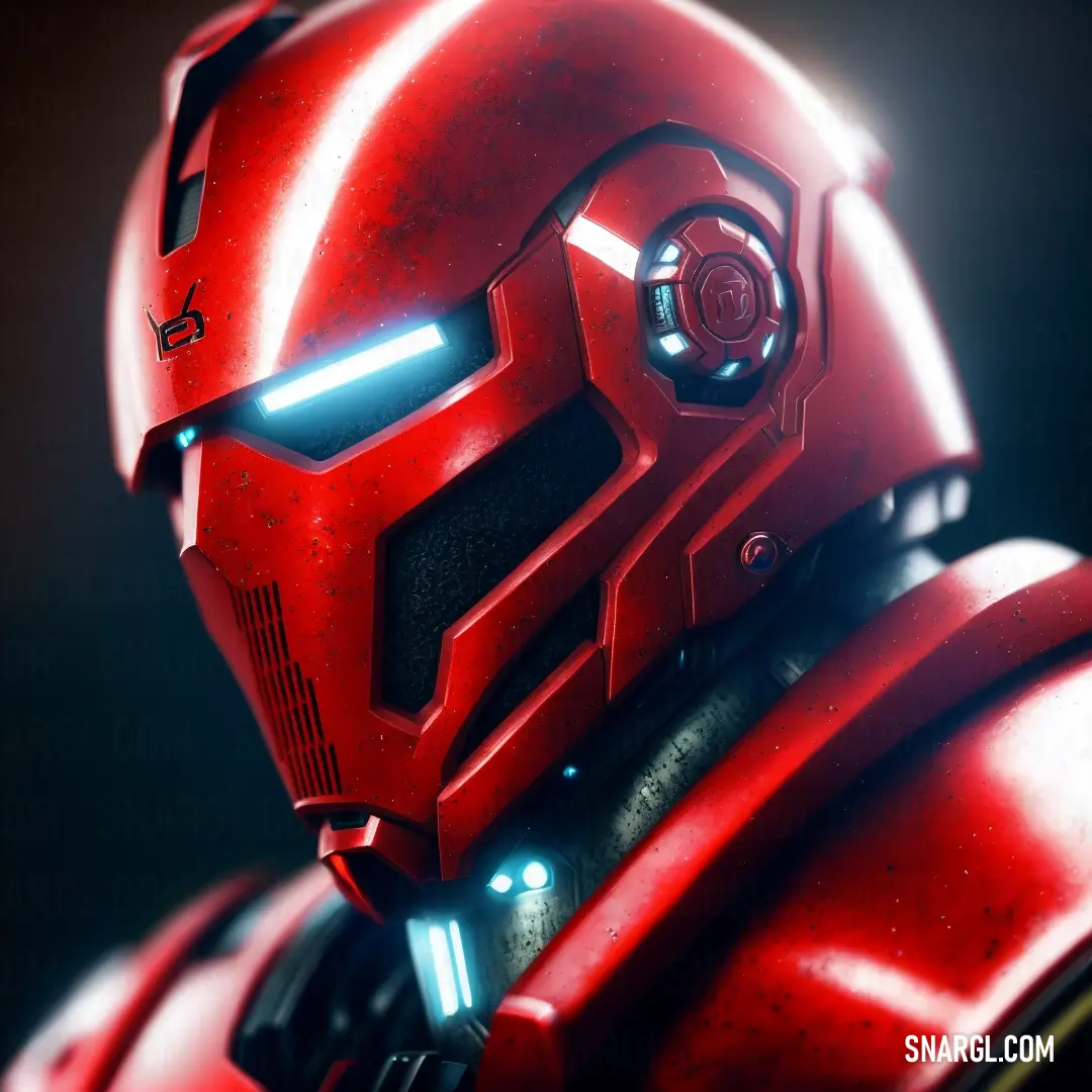 Red robot with glowing eyes and a helmet on his face is looking at the camera with a black background