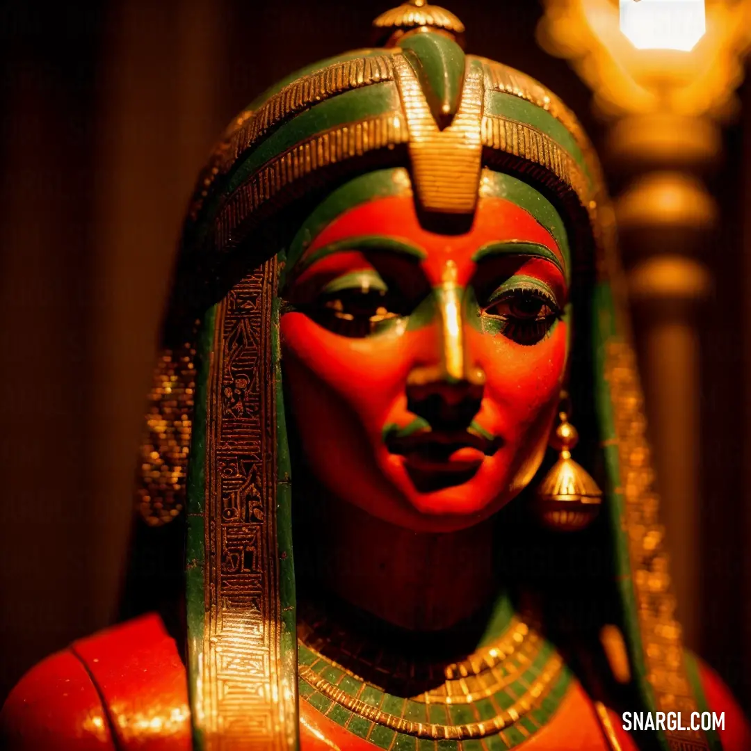 Statue of a woman with a green and gold head piece on her head and a lamp in the background