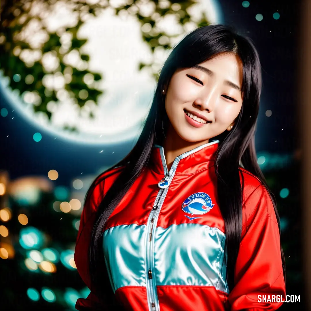 Woman in a red and blue jacket standing in front of a full moon and trees with lights in the background