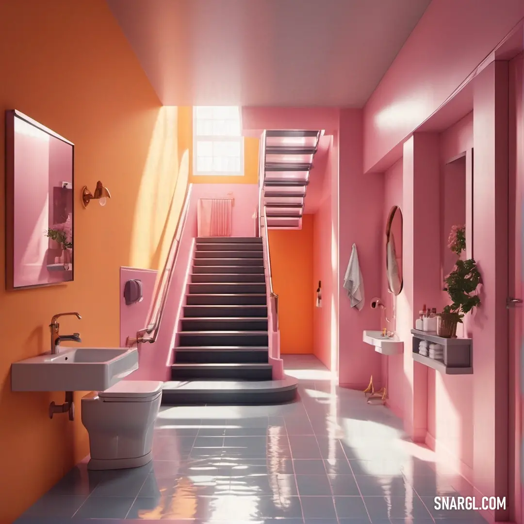 Candy pink color. Bathroom with a toilet, sink and stairs in it's walls and floors