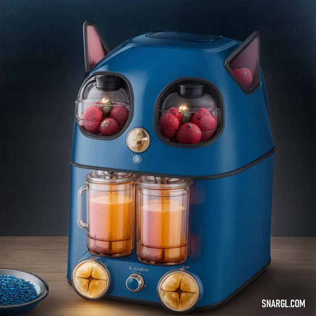 A unique blue machine with two glasses filled with colorful liquid and a bowl brimming with fresh fruit sits on a countertop. The vibrant combination of liquids and fruits contrasts beautifully with the machine’s sleek, modern design.