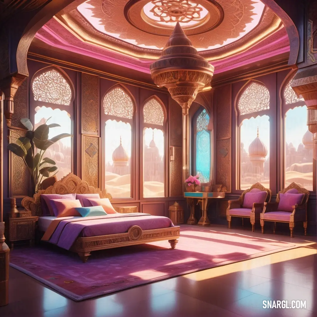 Bedroom with a bed and a pink rug in it and a chandelier hanging from the ceiling. Color Candy pink.