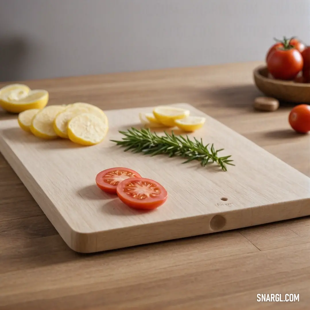 A beautifully arranged cutting board showcases an array of sliced tomatoes, their vibrant colors radiating freshness. The rustic wooden surface complements the bright, juicy slices, suggesting a delicious meal preparation in process.