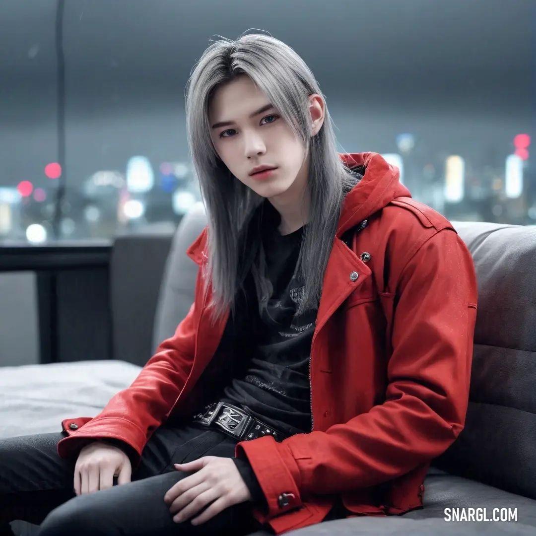 A relaxed man with flowing hair sits on a stylish couch, overlooking a breathtaking cityscape from his room. Soft light filters through the window, enhancing the urban view, while the colors embody a calm, modern vibe.