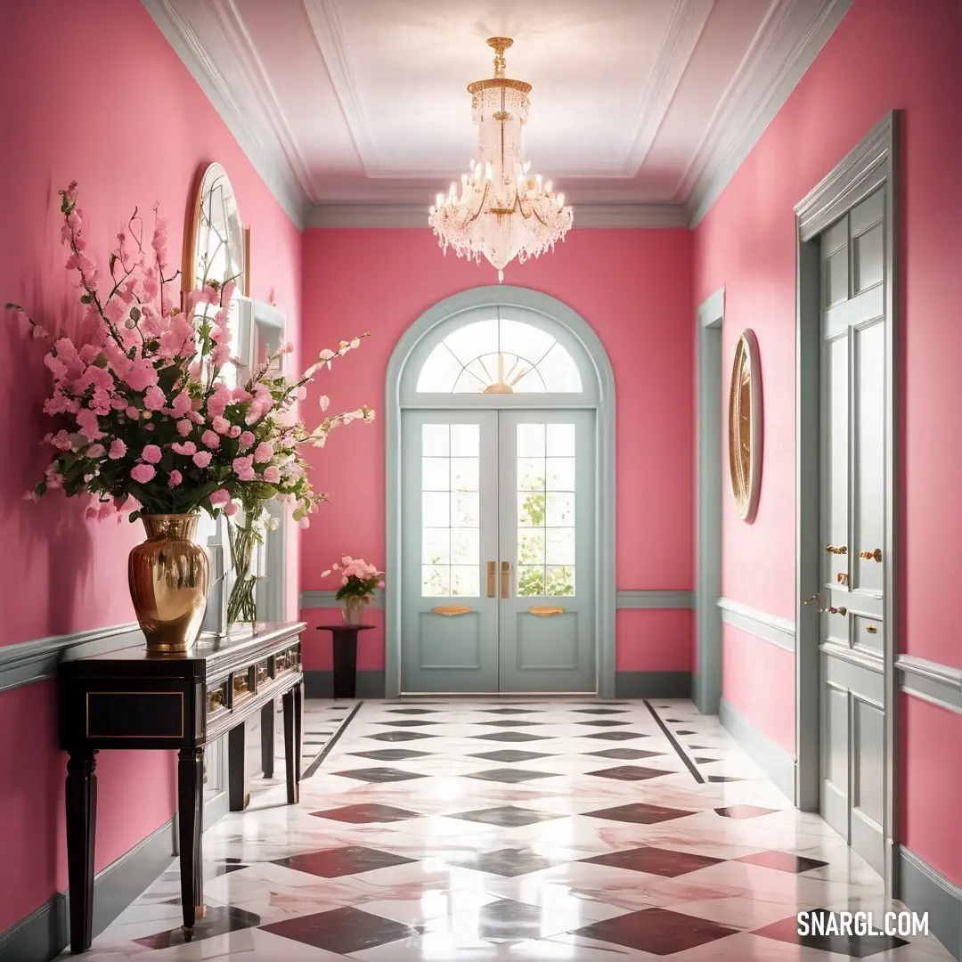 Candy pink color example: Pink hallway with a checkered floor and a chandelier and a vase of flowers on a table