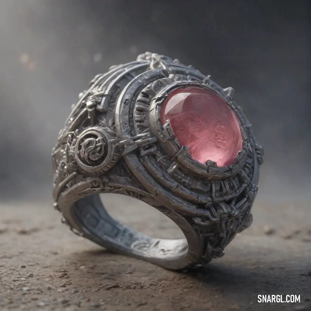 A striking ring with a red gemstone rests on a dusty surface, surrounded by soft, swirling smoke. The rich red hue contrasts against the muted background, creating a sense of mystery and allure.