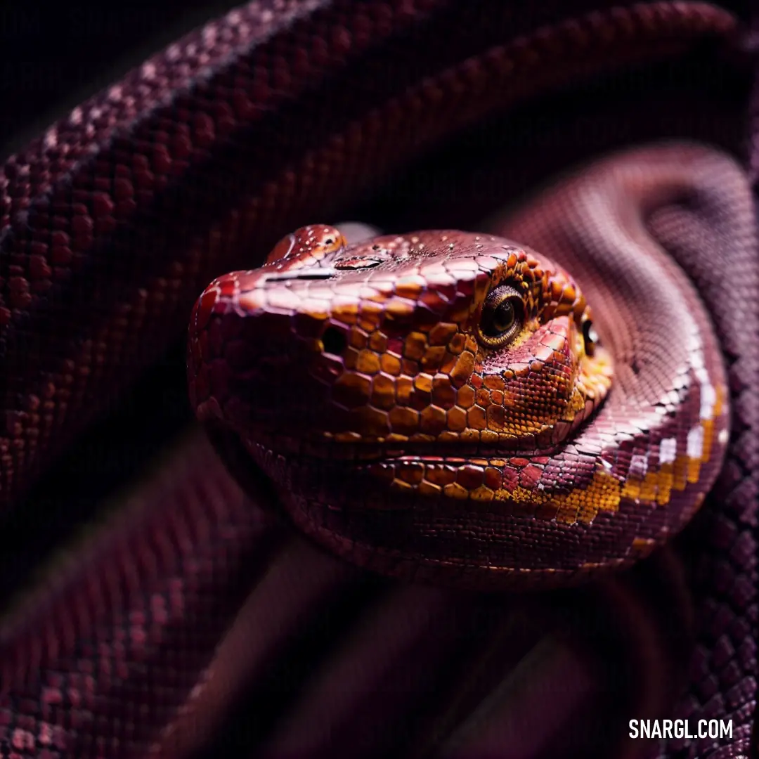 A snake coils around itself, its intense gaze directed straight at the camera. The black background contrasts sharply with the snake’s intricate details, while the soft red tones add an air of mystery to the scene.