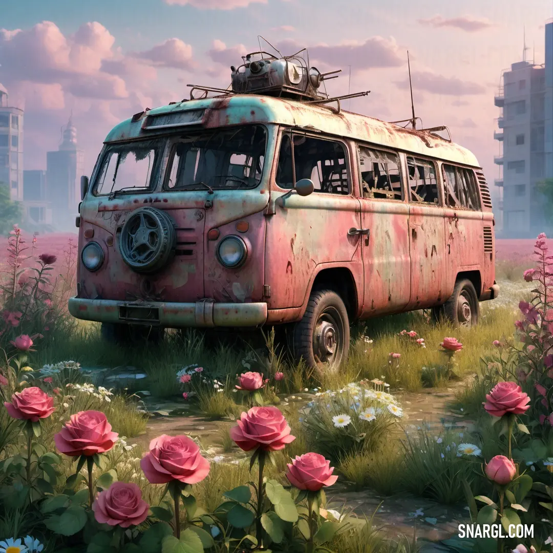 Van parked in a field of flowers with a sky background. Color #E4717A.