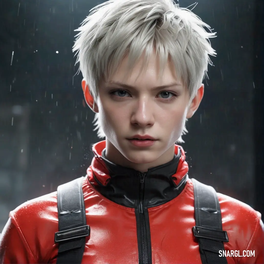 A dynamic scene showcasing a woman dressed in a vibrant red jacket juxtaposed against her sleek black leather outfit, as raindrops cascade down, creating a striking visual of color against the grey backdrop of a rainy day.