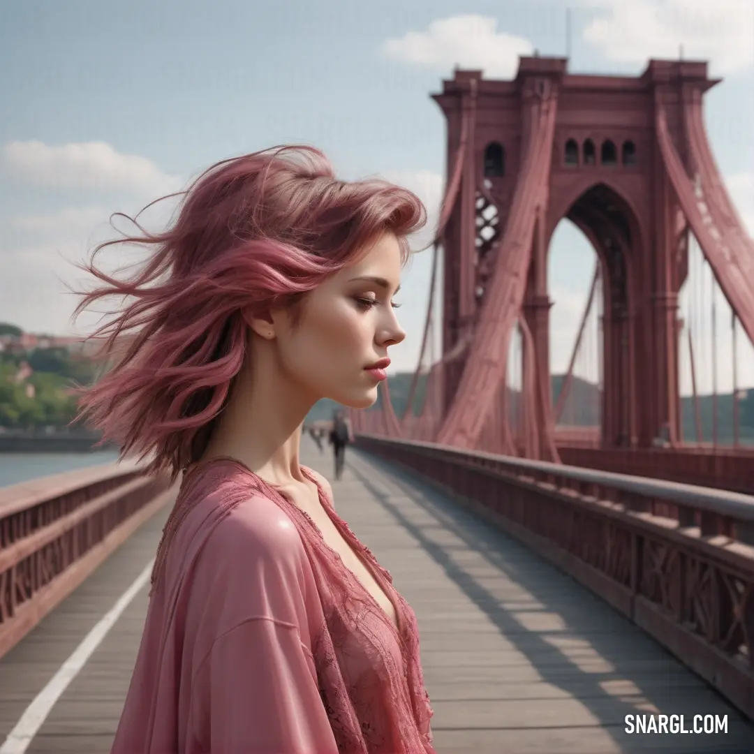 Candy pink color. Woman with pink hair standing on a bridge near a body of water
