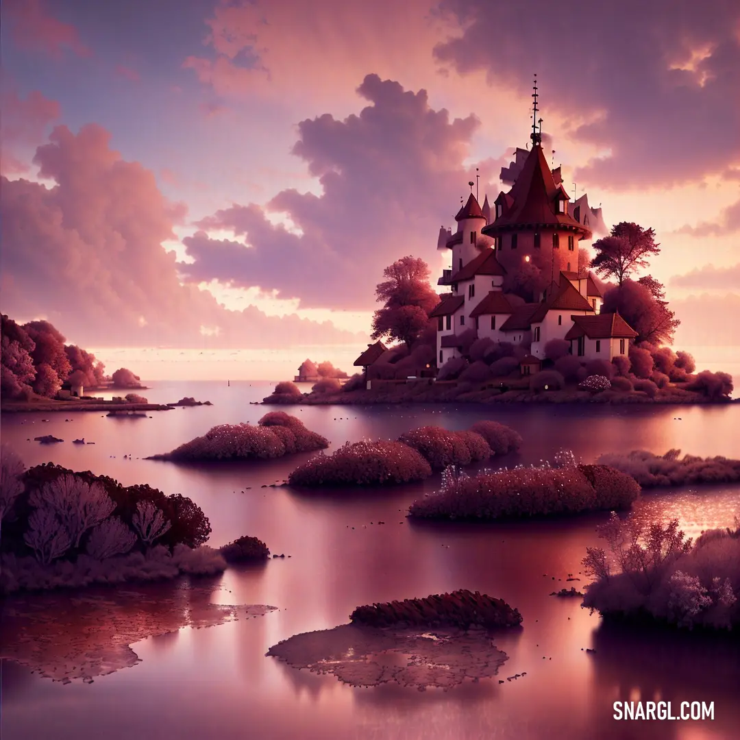 A magical scene of a castle perched on a small island, surrounded by a tranquil lake. The sky glows with soft hues as the sun sets or rises, casting a warm, peaceful light over the scene. Wisps of clouds float above, adding to the dreamlike atmosphere.