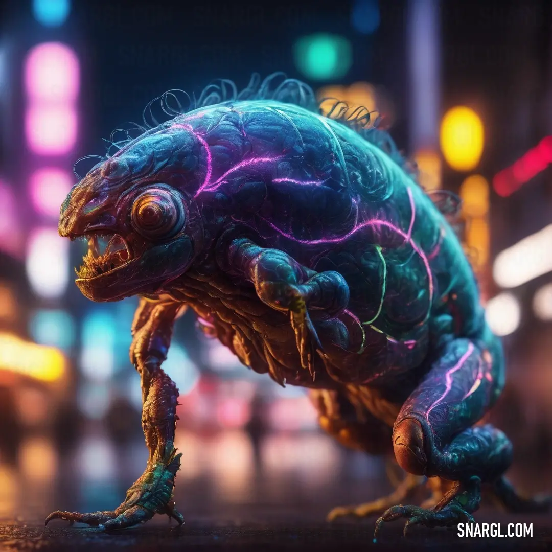 A mysterious creature, illuminated by vibrant neon lights, stands tall on its hind legs. The glowing patterns of its body and legs create an otherworldly effect against the dark backdrop, exuding an aura of energy and intrigue.