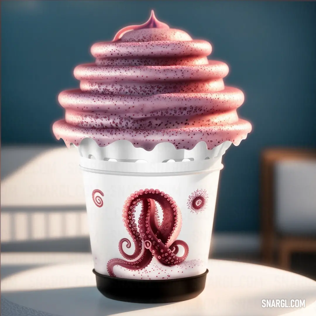 Cupcake with pink frosting and a pink octopus on top of it on a table with a blue wall