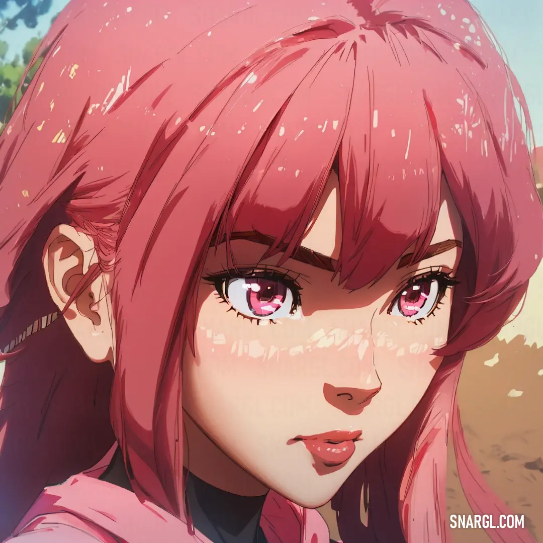 Girl with pink hair and pink eyes looks at the camera with a serious look on her face