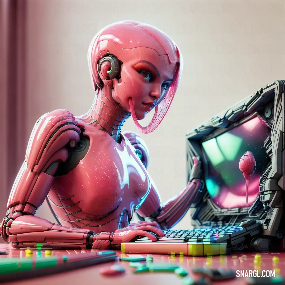 Humanoid woman using a laptop computer on a desk with a keyboard and mouse in front of her