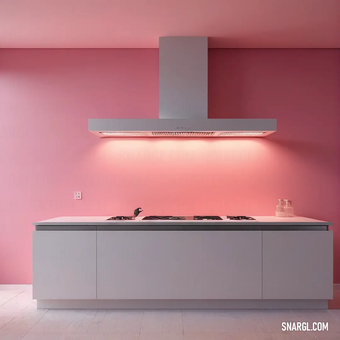 Kitchen with a stove and a pink wall in the background. Example of Candy pink color.