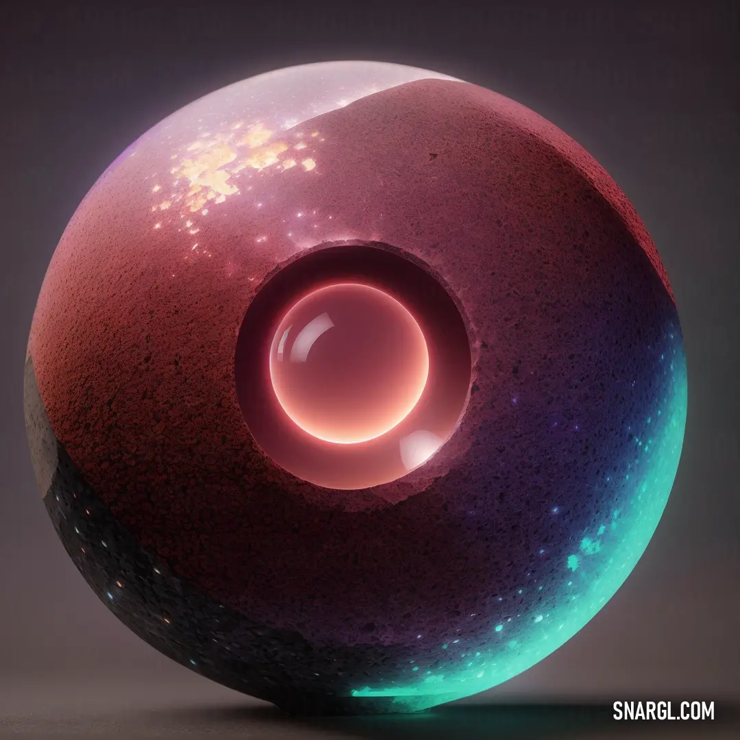 Large ball with a hole in the middle of it and a light around it that is glowing red and blue