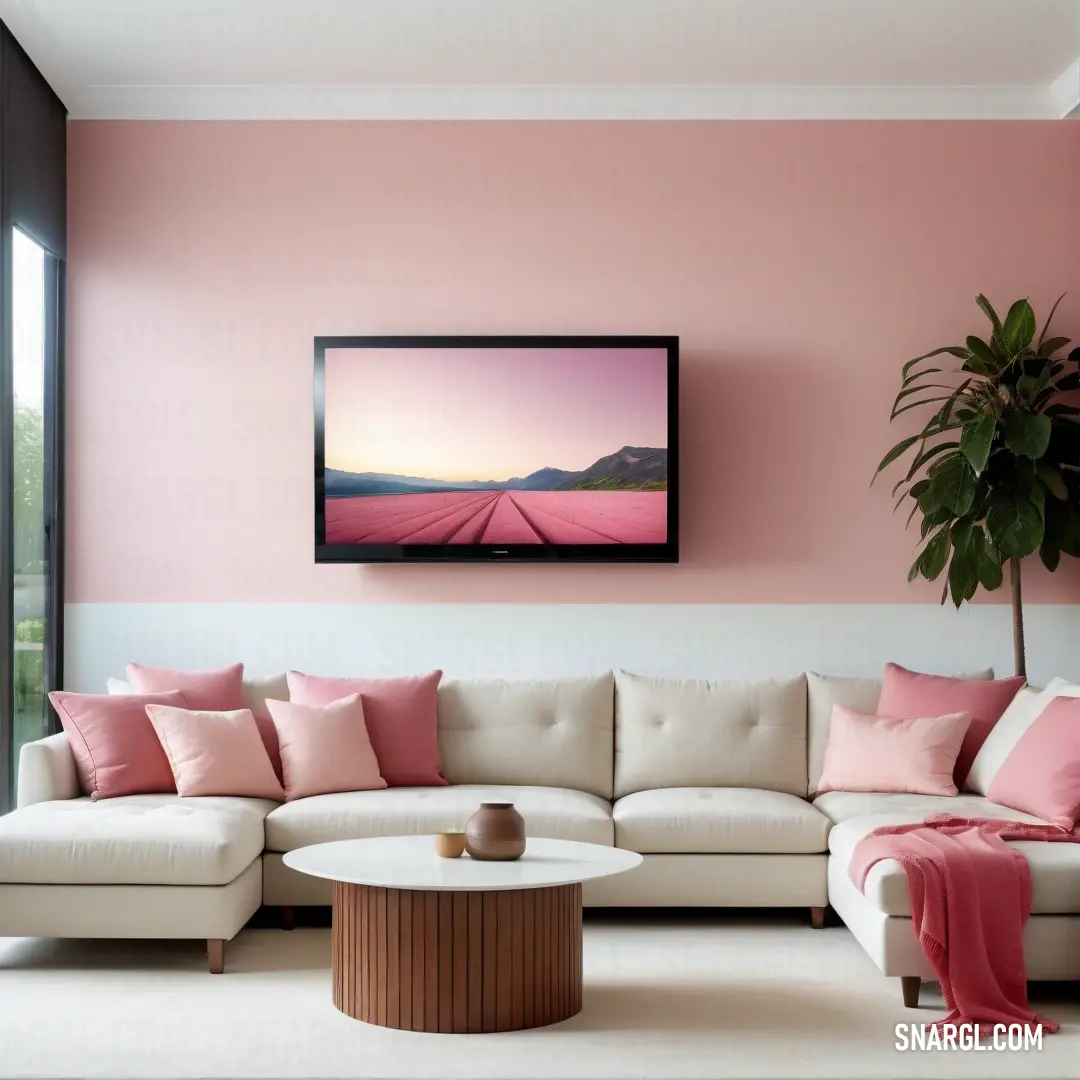Living room with a couch. Example of Candy pink color.