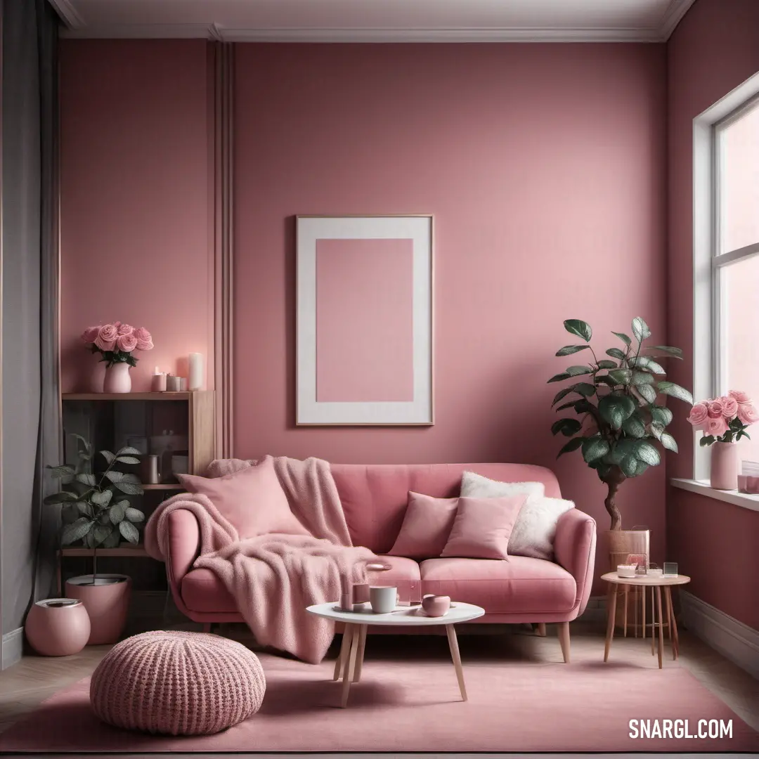 Living room with pink walls and a pink couch and a pink rug and a pink chair and table. Color Candy pink.