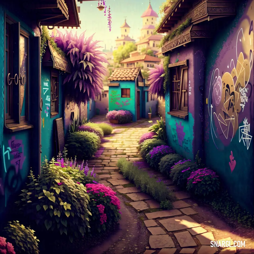 A vibrant painting of a street scene with a building and colorful flowers in the foreground. The warm #E4717A hue adds a touch of elegance and charm to the entire composition.