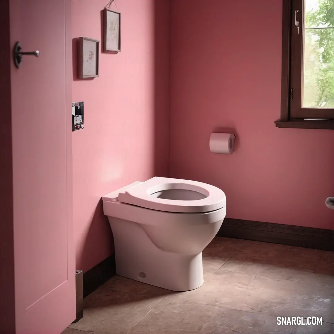 Toilet in a pink bathroom with a pink wall and a window in the corner of the room. Color CMYK 0,50,46,11.