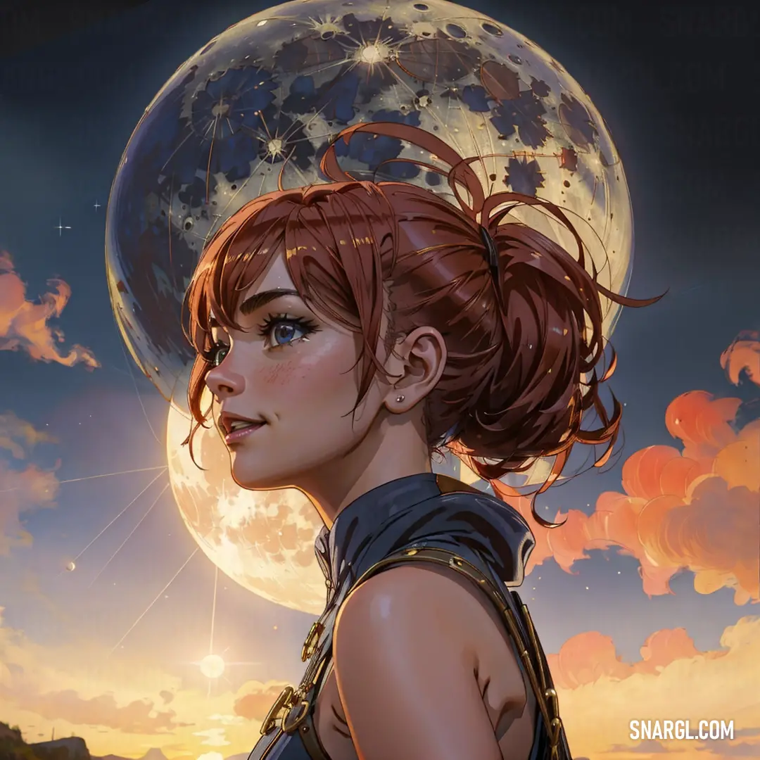 A surreal scene featuring a woman whose head is replaced with a large glowing moon. The dreamy sky above her gives the image an ethereal quality, with soft clouds drifting by in the background, evoking a sense of wonder and mystery.