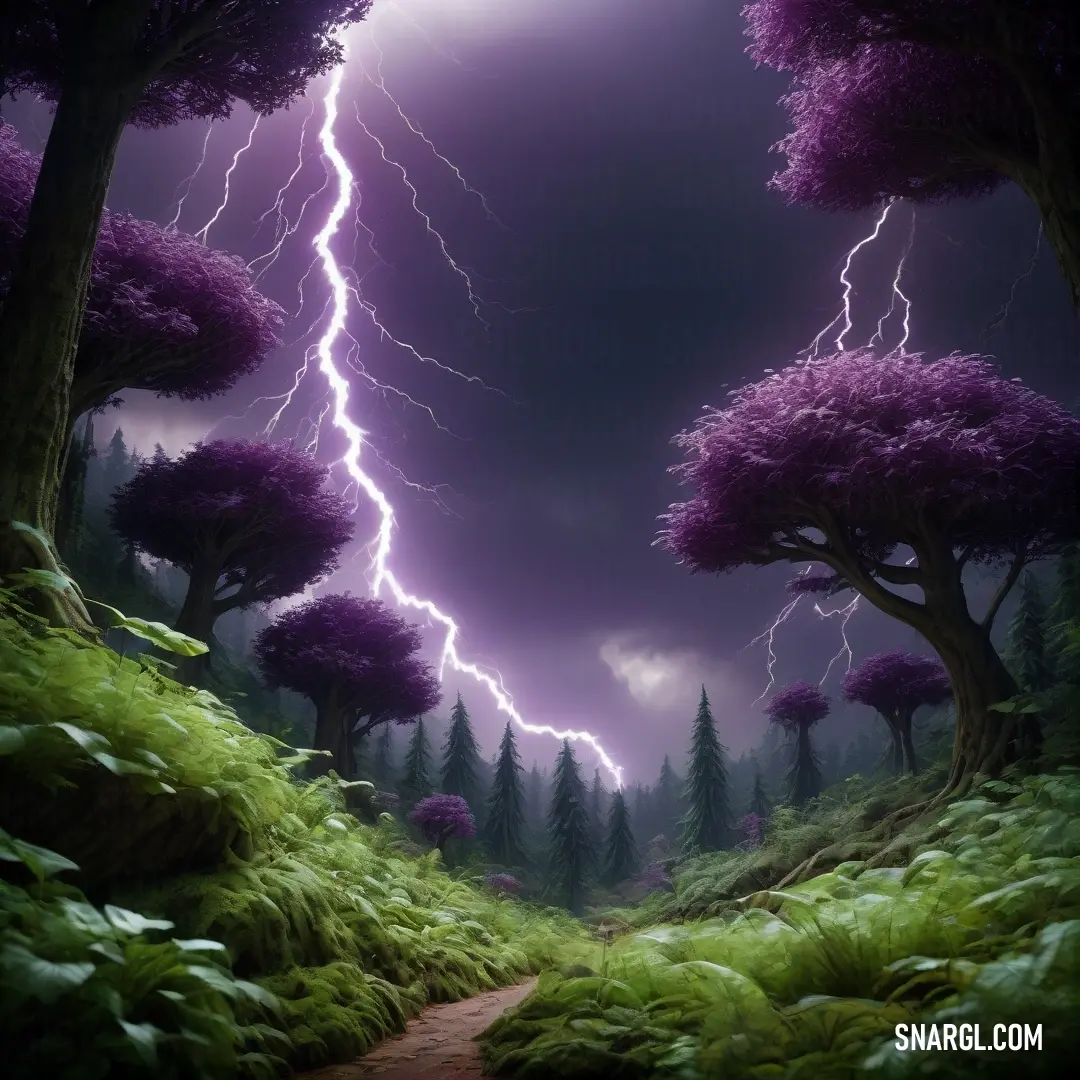 Painting of a path leading to a lightning storm in a forest with trees and bushes on either side. Color CMYK 0,89,15,76.
