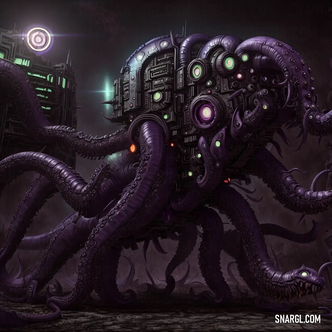 Giant octopus with a futuristic city in the background and a glowing light in the middle of its tentacles