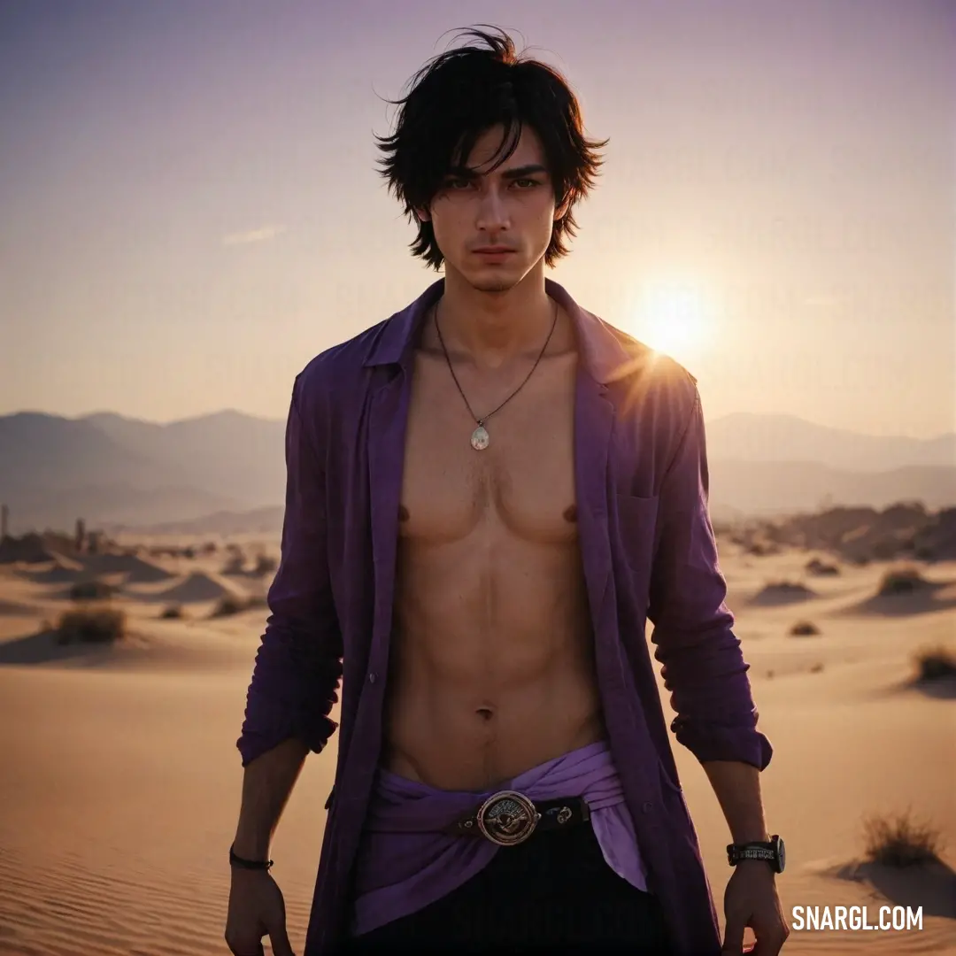 Man in a purple shirt standing in the desert at sunset with his shirt open. Color #3D0734.